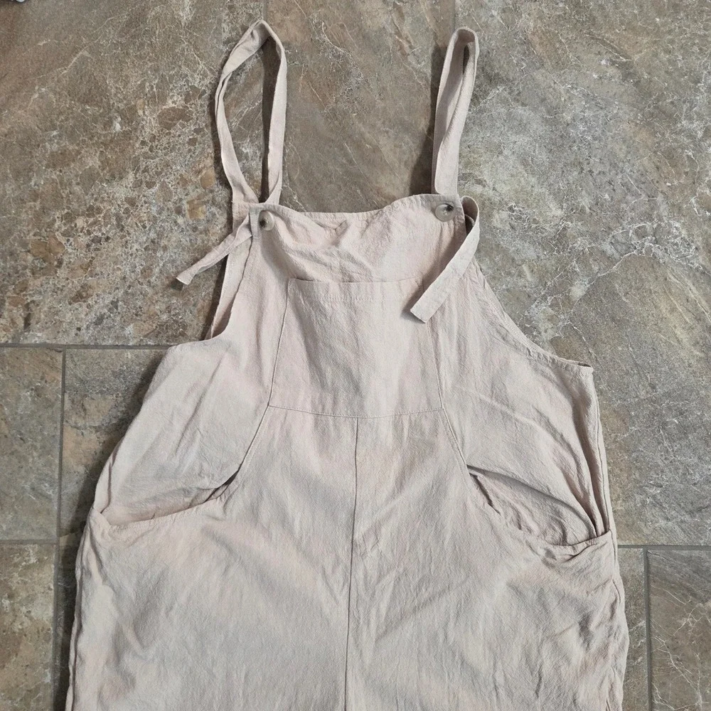 Womens Cotton Wide Leg Overalls Beige Neutral Relaxed Fit Bib Jumpsuit Large - Picture 6 of 9